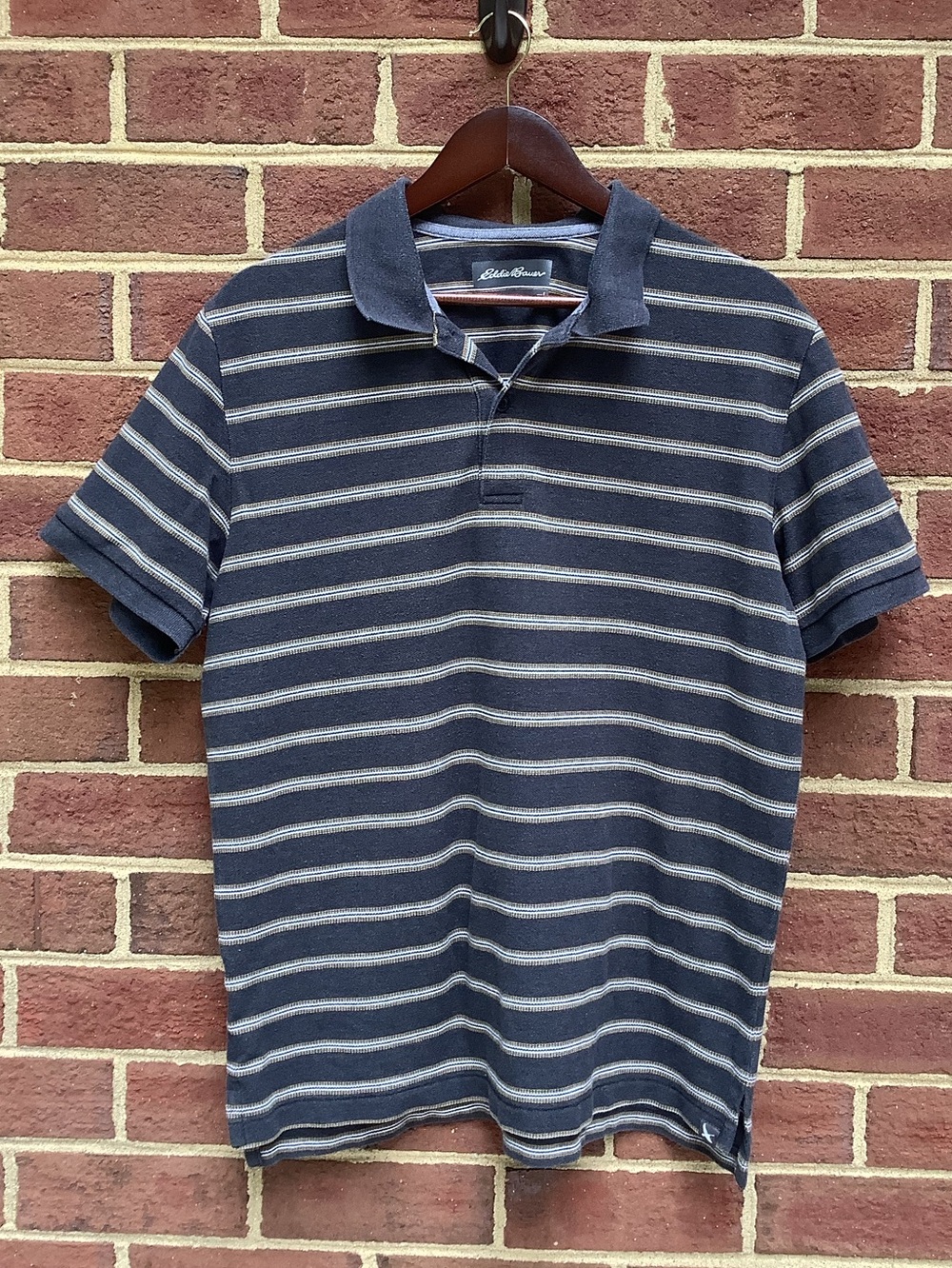 Eddie Bauer Men’s Striped Polo Gray Blue Yellow L
